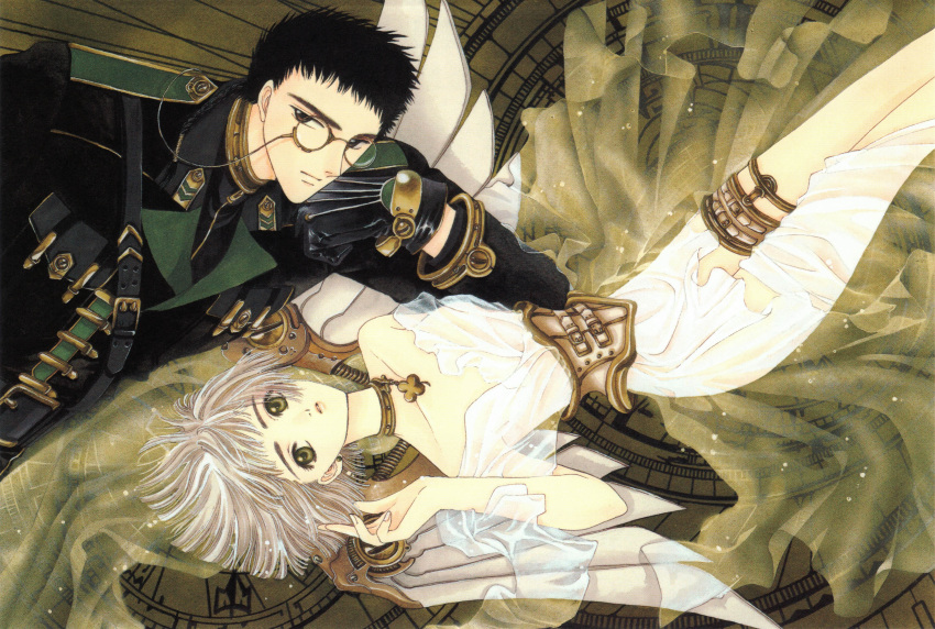 androgynous black_hair bob_cut choker clamp clover clover_(manga) corset eyebrows glasses gloves green green_eyes hands highres legs lips lying official_art ryu_f._kazuhiko scan scan_artifacts see-through short_hair silver_hair steampunk suu