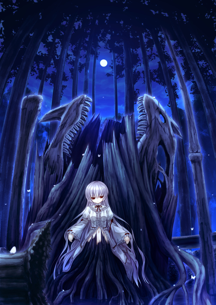 dress forest highres long_hair moon nature navel night original red_eyes solo tree very_long_hair white_hair yuku_(kiollion)
