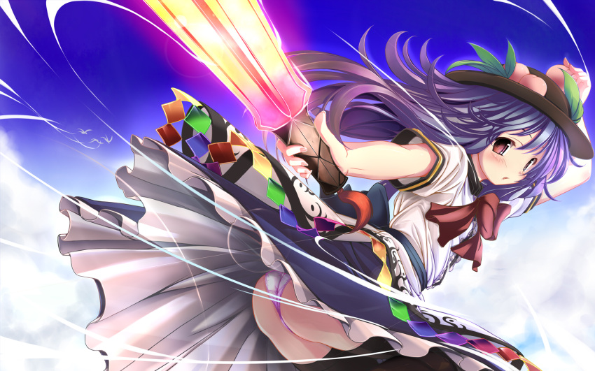 ass black_legwear black_thighhighs blue_hair cloud clouds fingernails food fruit hat highres hinanawi_tenshi kaisu long_hair looking_back outstretched_arm panties peach pink_panties red_eyes sky solo sword sword_of_hisou thigh-highs thighhighs touhou underwear wallpaper weapon