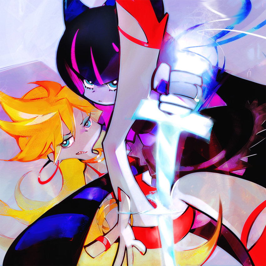 black_hair blonde_hair blue_eyes bow earrings hair_bow highres jewelry long_hair multiple_girls nekoif official_style panties panty_&amp;_stocking_with_garterbelt panty_(character) panty_(psg) stocking_(character) stocking_(psg) sword underwear weapon