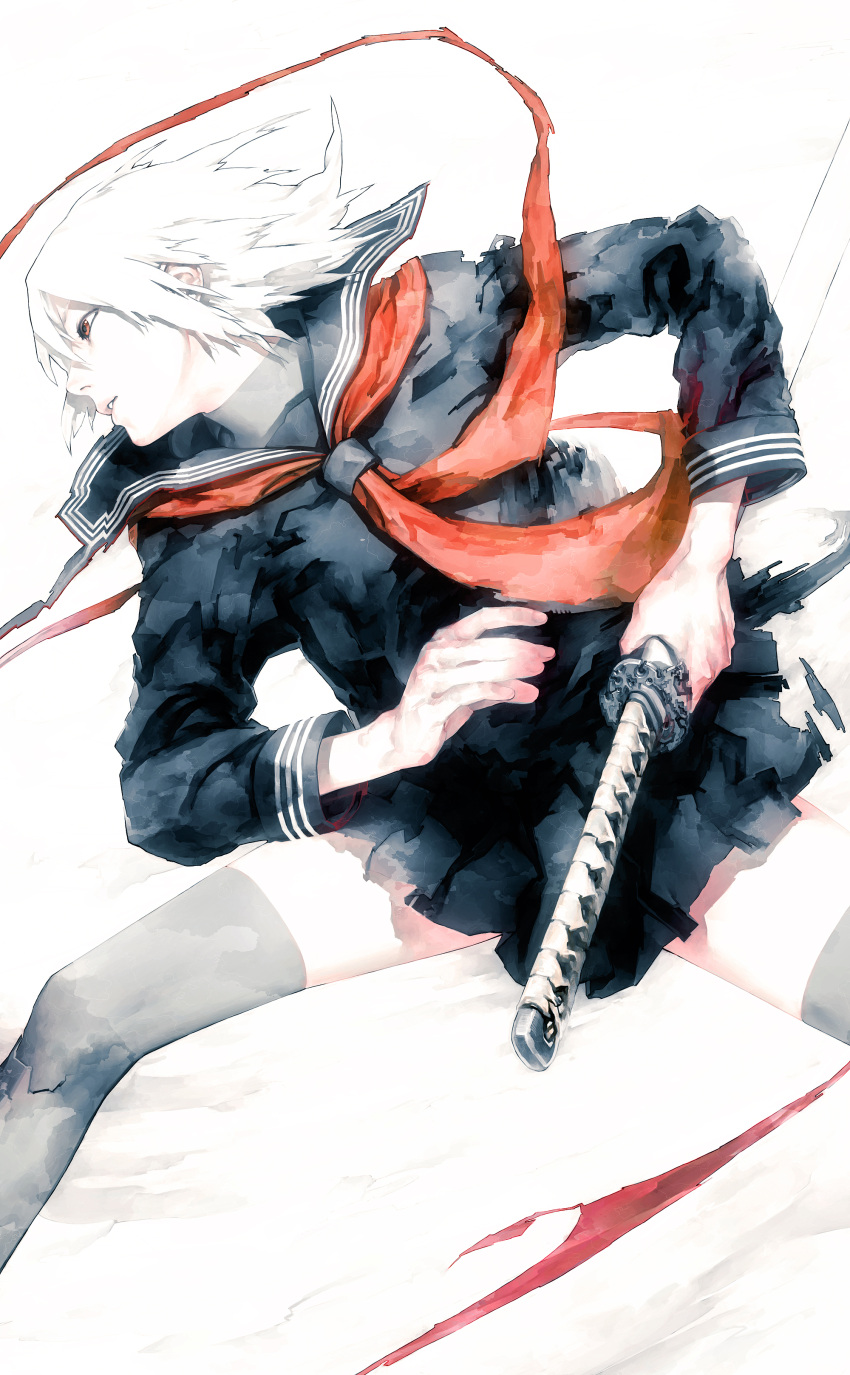 battoujutsu_stance black_legwear black_thighhighs fighting_stance highres iwai_ryo iwai_ryou original ready_to_draw red_eyes school_uniform serafuku short_hair solo sword thigh-highs thighhighs weapon white_hair zettai_ryouiki