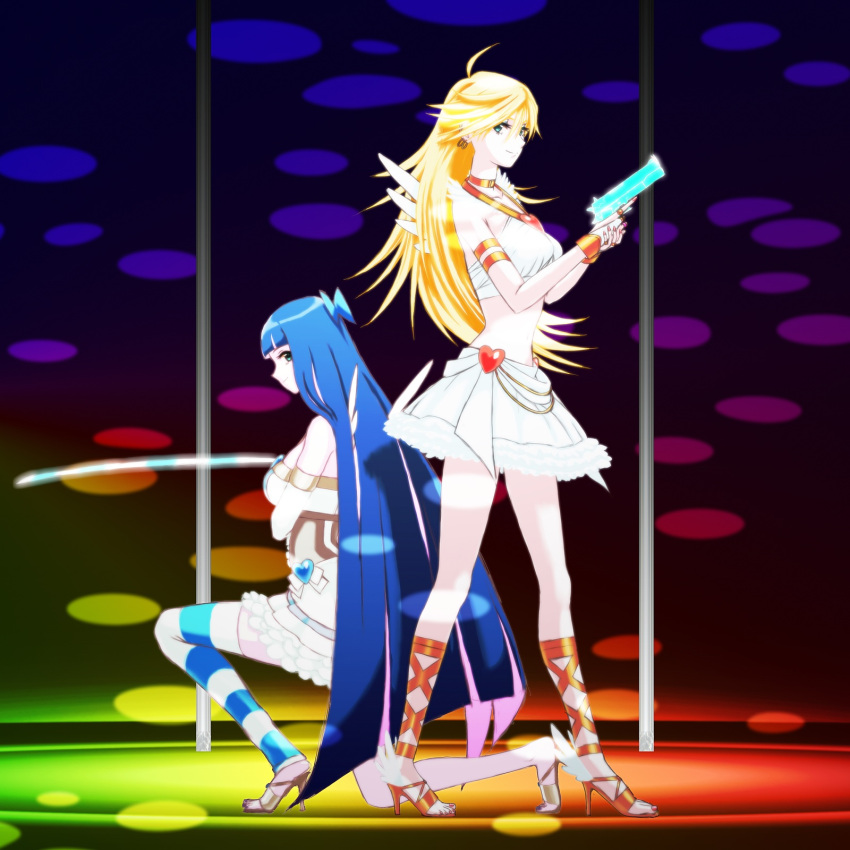 ankle_lace-up armband blonde_hair blue_hair bow bracelet choker cross-laced_footwear cz-t earrings eyeshadow gun hair_bow halter_top halterneck handgun high_heels highres jewelry legs long_hair midriff multicolored_hair one_knee panty_&amp;_stocking_with_garterbelt panty_(character) panty_(psg) pink_hair sandals shoes skirt stocking_(character) stocking_(psg) sword thighhighs trigger_discipline two-tone_hair weapon wings