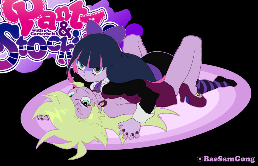 302 black_hair blonde_hair blue_eyes blue_hair bow hair_bow highres holding_hands long_hair lying multicolored_hair multiple_girls official_style on_back panty_&amp;_stocking_with_garterbelt panty_(character) panty_(psg) purple_skin smile stocking_(character) stocking_(psg) striped striped_legwear striped_thighhighs thigh-highs thighhighs two-tone_hair yuri