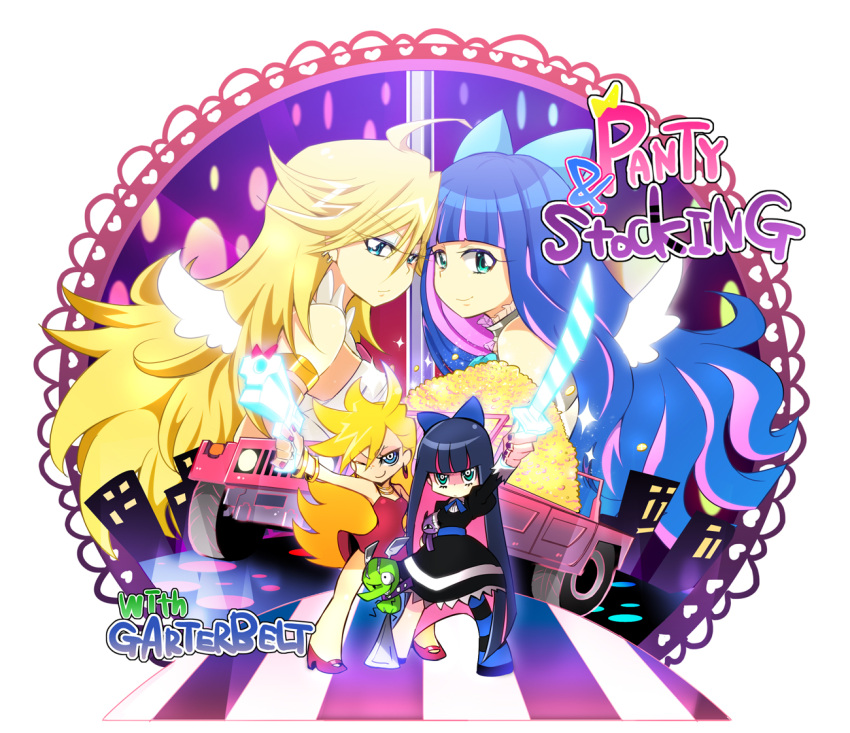 blonde_hair blue_eyes blue_hair bow chuck chuck_(psg) coin gun hair_bow long_hair multiple_girls panty_&amp;_stocking_with_garterbelt panty_(character) panty_(psg) see-through_(psg) smile stocking_(character) stocking_(psg) striped striped_legwear sword thighhighs weapon white wings wink zuzu