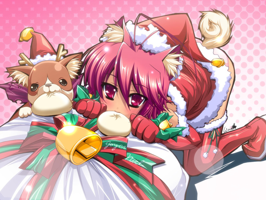 bell dog food highres katagiri_hinata koihime_musou nikuman red_hair redhead ryofu santa_costume thighhighs