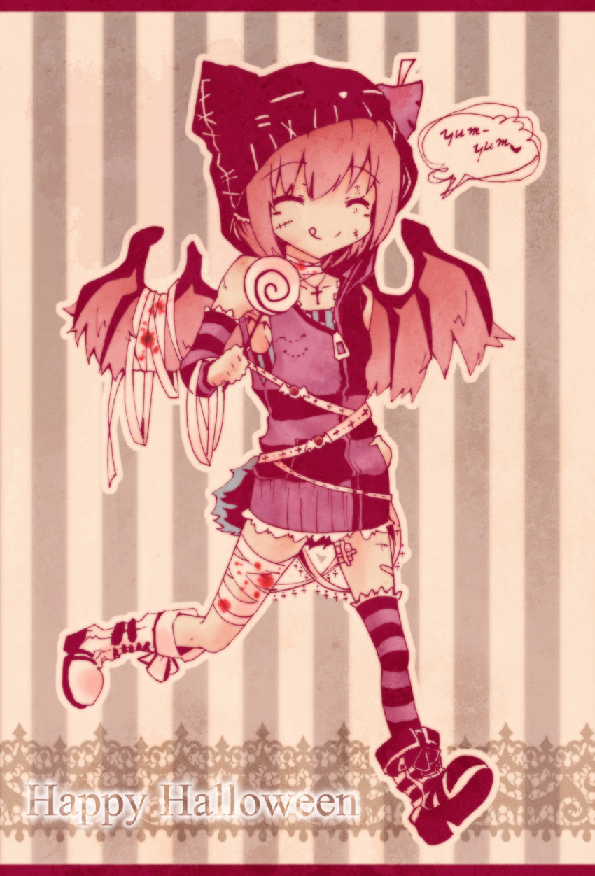 ^_^ alternate_costume bandages blood boots closed_eyes contemporary halloween happy highres hood jakkun lasvegas mystia_lorelei pink pink_hair short_hair solo striped striped_background striped_legwear striped_thighhighs thigh-highs thighhighs tongue touhou wings