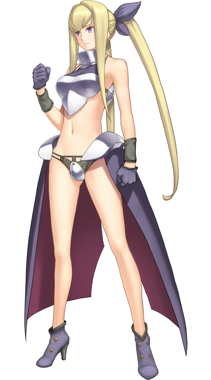 ar_tonelico ar_tonelico_iii armor bikini_armor blonde_hair bow breastplate crotch_plate frown gloves gust hair_bow hair_ribbon high_heels highres legs long_hair midriff nagi_ryou navel official_art ponytail purple_eyes ribbon sakia-rumei shoes simple_background solo standing twintails very_long_hair violet_eyes