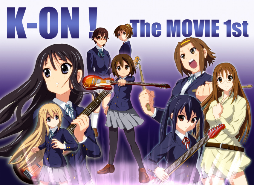 diesel-turbo drumsticks guitar hirasawa_ui hirasawa_yui instrument k-on! kotobuki_tsumugi legs long_hair mahou_shoujo_lyrical_nanoha mahou_shoujo_lyrical_nanoha_the_movie_1st manabe_nodoka nakano_azusa pantyhose parody school_uniform short_hair tainaka_ritsu yamanaka_sawako