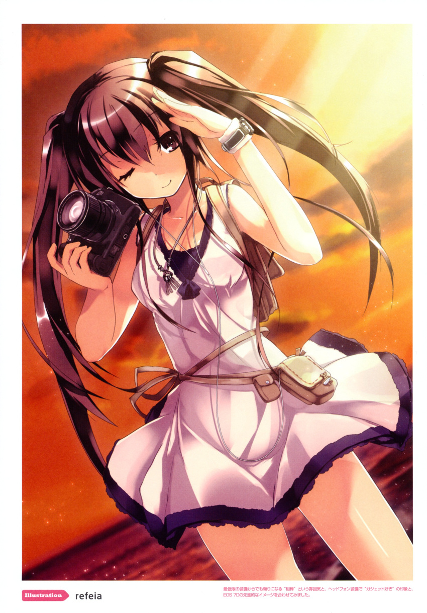 absurdres bare_shoulders belt_pouch brown_eyes brown_hair camera dress dutch_angle highres jewelry long_hair necklace ocean original refeia solo sunset twintails watch wink wristwatch