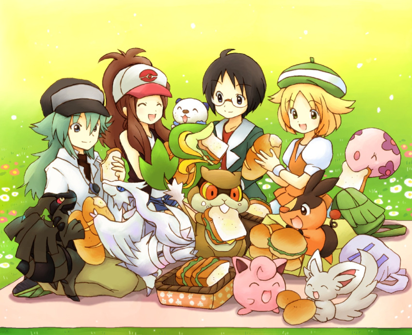 2boys 2girls baseball_cap bel_(pokemon) bell_(pokemon) black_hair blonde_hair blue_eyes bread brown_hair cheren_(pokemon) closed_eyes eating eijima_moko everyone food glasses green_eyes green_hair happy hat highres jigglypuff long_hair minccino multiple_boys multiple_girls munna n_(pokemon) open_mouth oshawott patrat picnic pokemon pokemon_(creature) pokemon_(game) pokemon_black_and_white pokemon_bw ponytail reshiram sandwich short_hair smile snivy tepig touko_(pokemon) zekrom