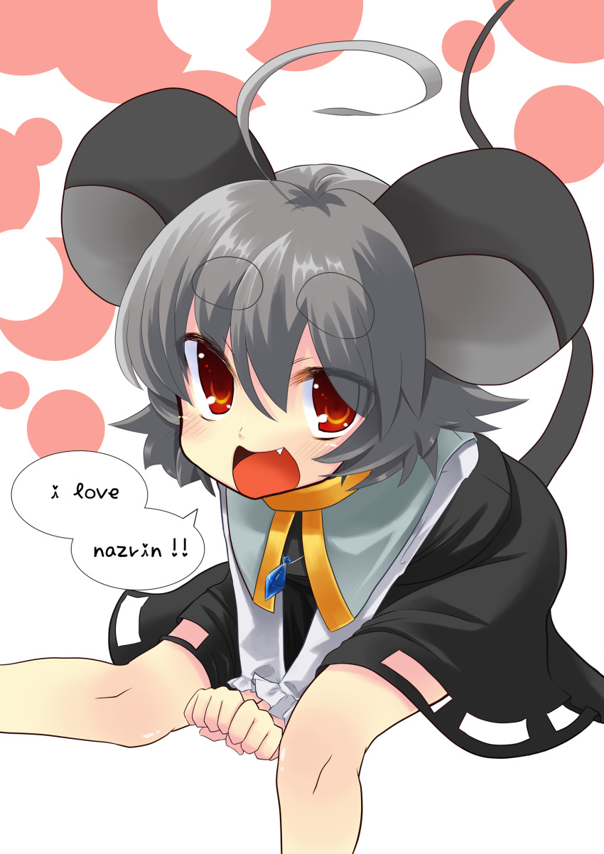 animal_ears eyebrows fang grey_hair highres jewelry mouse_ears mouse_tail nazrin orange_eyes pendant short_hair solo tail touhou usa-pom