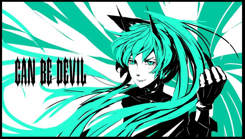 alternate_costume alternate_hairstyle angry aqua aqua_eyes aqua_hair arsenixc bad_id border clenched_hand english fist gloves hair_wings hatsune_miku highres horns long_hair monochrome popped_collar solo twintails very_long_hair vocaloid