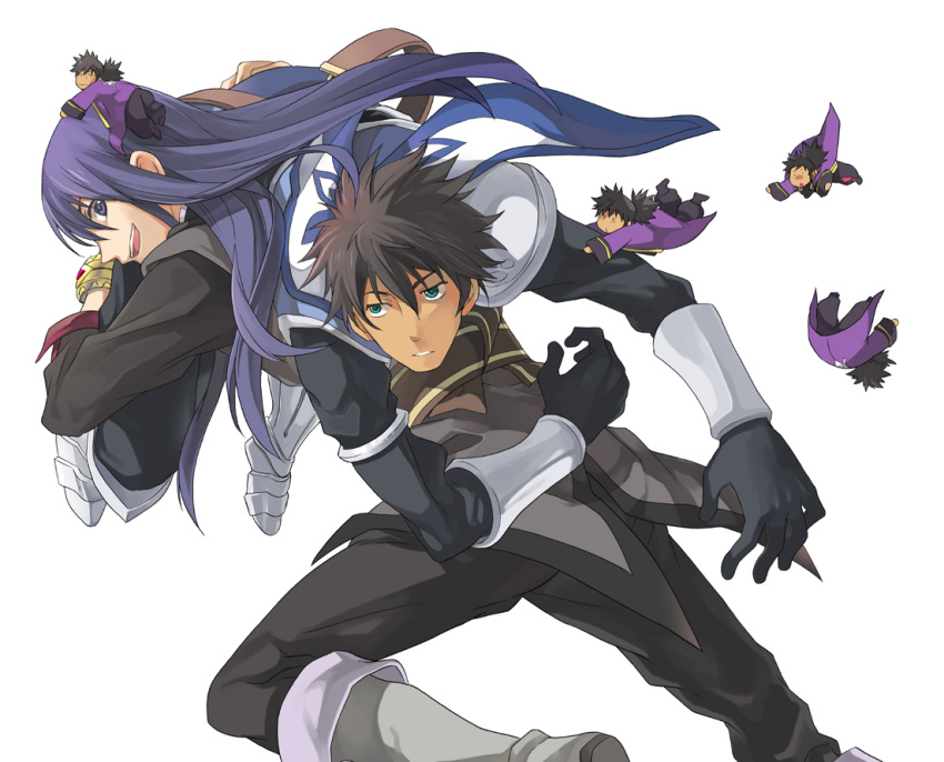 armor ayumiso black_eyes black_hair bracelet carrying damuron_atomaisu gloves green_eyes jewelry long_hair male multiple_boys person_over_shoulder ponytail raven tales_of_(series) tales_of_vesperia white_background yuri_lowell