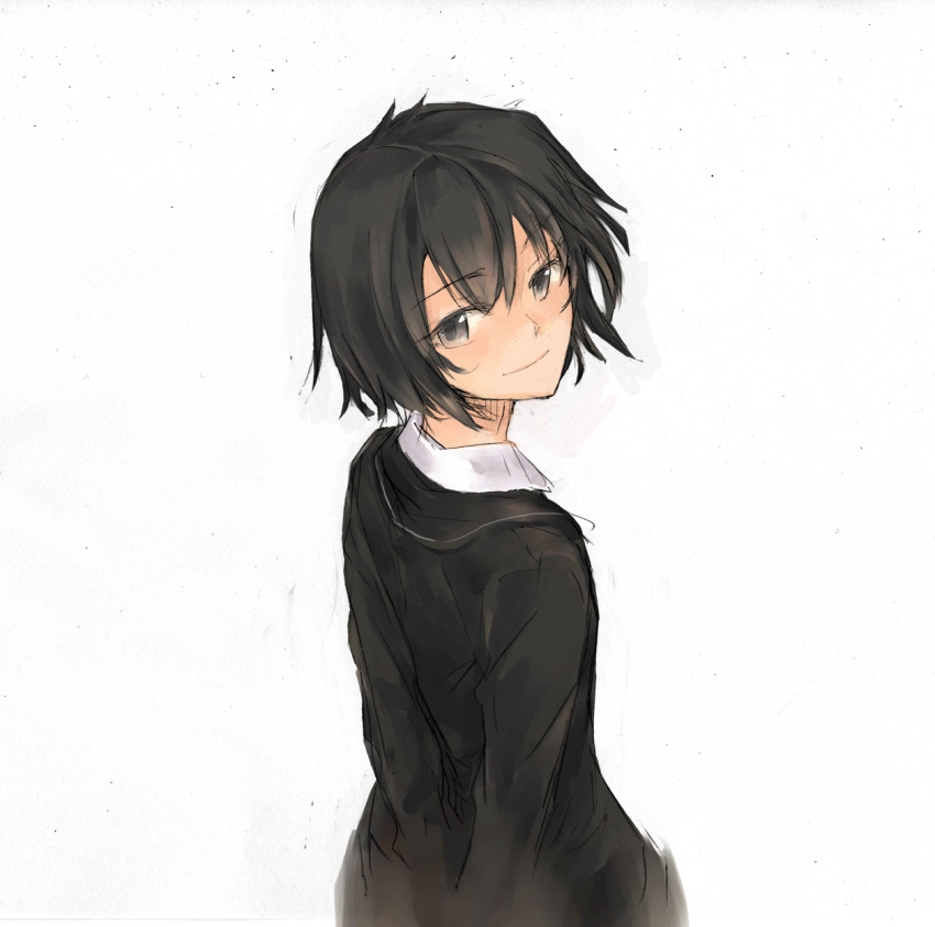 1girl amagami black_hair cardigan highres looking_back nanasaki_ai school_uniform short_hair smile solo sumiya_akihiro white_background