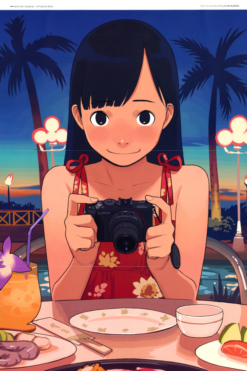 1girl absurdres black_eyes black_hair camera dress face highres smile solo takamichi