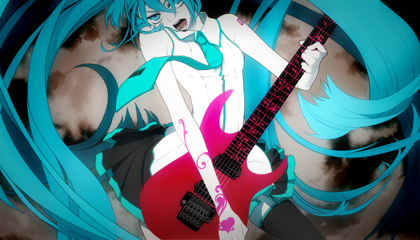 blue_hair guitar hatsune_miku instrument long_hair necktie tattoo vocaloid yuanmaru