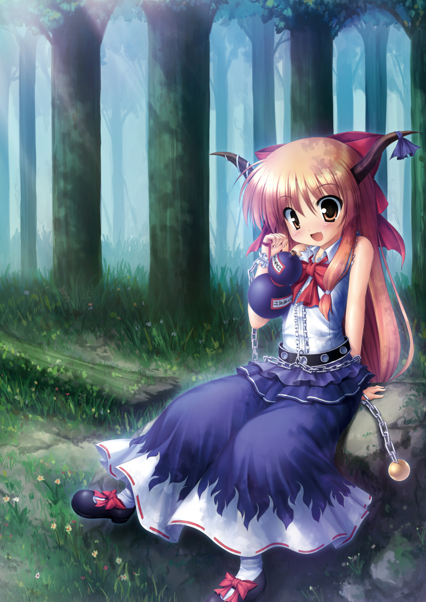 belt bow brown_hair chain fang flower forest gourd hair_bow highres horns ibuki_suika log long_hair nature open_mouth orange_hair sitting sitting_on_object sitting_on_rock smile solo takeponi touhou tree wrist_cuffs yellow_eyes