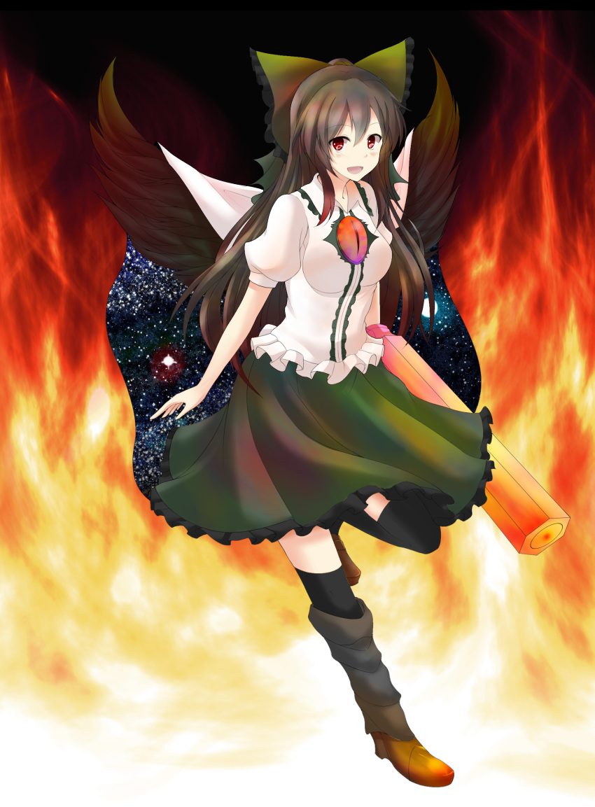 1girl absurdres bow brown_hair colored fire hair_bow highres jellylily long_hair looking_at_viewer red_eyes reiuji_utsuho smile solo touhou