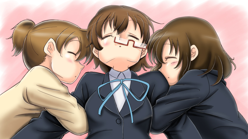 brown_hair glasses highres hirasawa_ui hirasawa_yui k-on! lying manabe_nodoka okan ponytail school_uniform short_hair sleeping