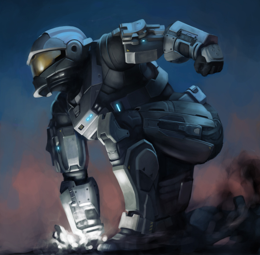 armor_lock ataruman bad_anatomy halo:_reach halo_(game) helmet night power_armor power_suit punching solo spartan spartan-b312 squatting