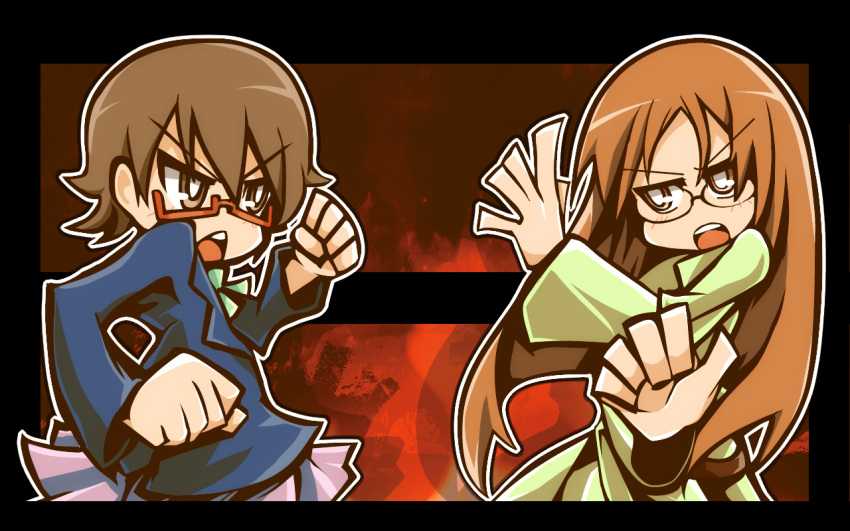 brown_hair drpow fighting_stance glasses k-on! long_hair manabe_nodoka panty_&amp;_stocking_with_garterbelt parody red-framed_glasses school_uniform semi-rimless_glasses short_hair style_parody under-rim_glasses vs wallpaper yamanaka_sawako