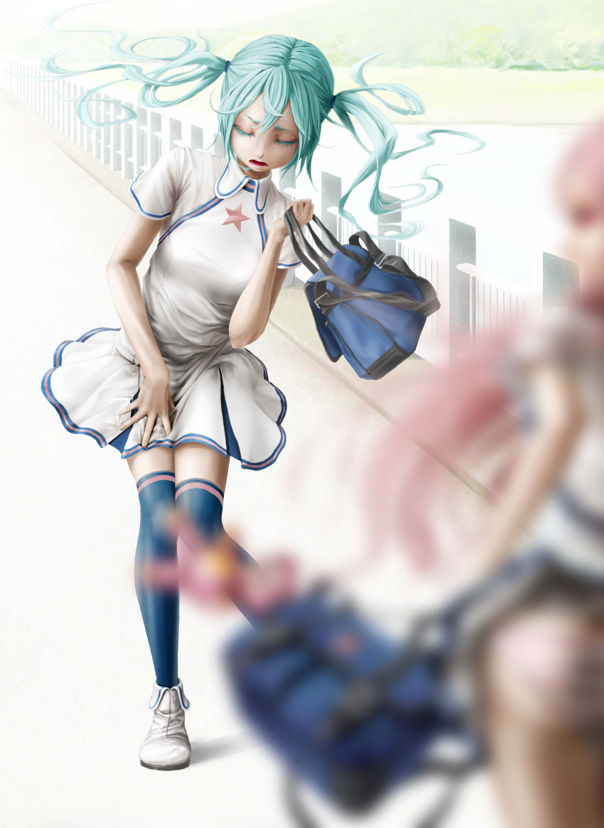 absurdres aqua_hair bag blurry depth_of_field hatsune_miku highres jpeg_artifacts kneehighs long_hair miki_(vocaloid) no_lineart pi_(pppppchang) sf-a2_miki socks thighhighs twintails vocaloid wind