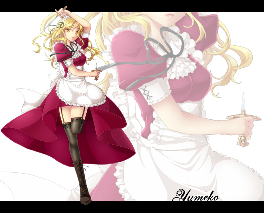 blonde_hair boots character_name cross-laced_footwear dagger dual_wielding garter_belt garter_straps geike knife lace-up_boots long_hair maid solo thighhighs touhou touhou_(pc-98) weapon yellow_eyes yumeko zoom_layer
