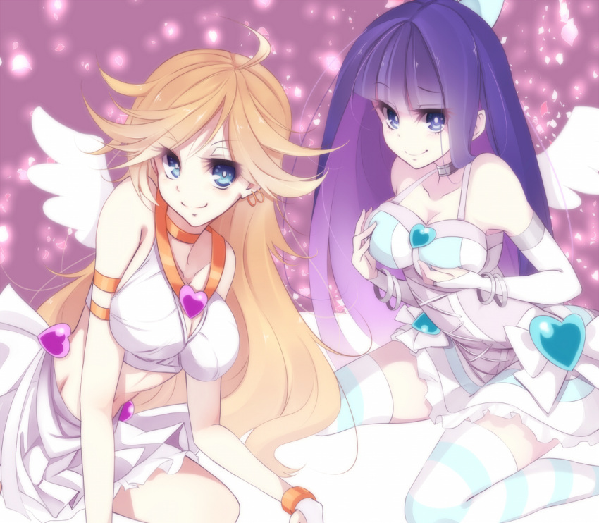 alternate_costume angel_wings blonde_hair blue_eyes blue_hair bow breast_lift breasts cleavage earrings gradient_hair hair_bow jewelry kisaichi_jin large_breasts long_hair looking_at_viewer multicolored_hair multiple_girls panty_&amp;_stocking_with_garterbelt panty_(character) panty_(psg) raised_eyebrow sitting skirt smile stocking_(character) stocking_(psg) striped striped_legwear striped_thighhighs thigh-highs thighhighs wariza wings