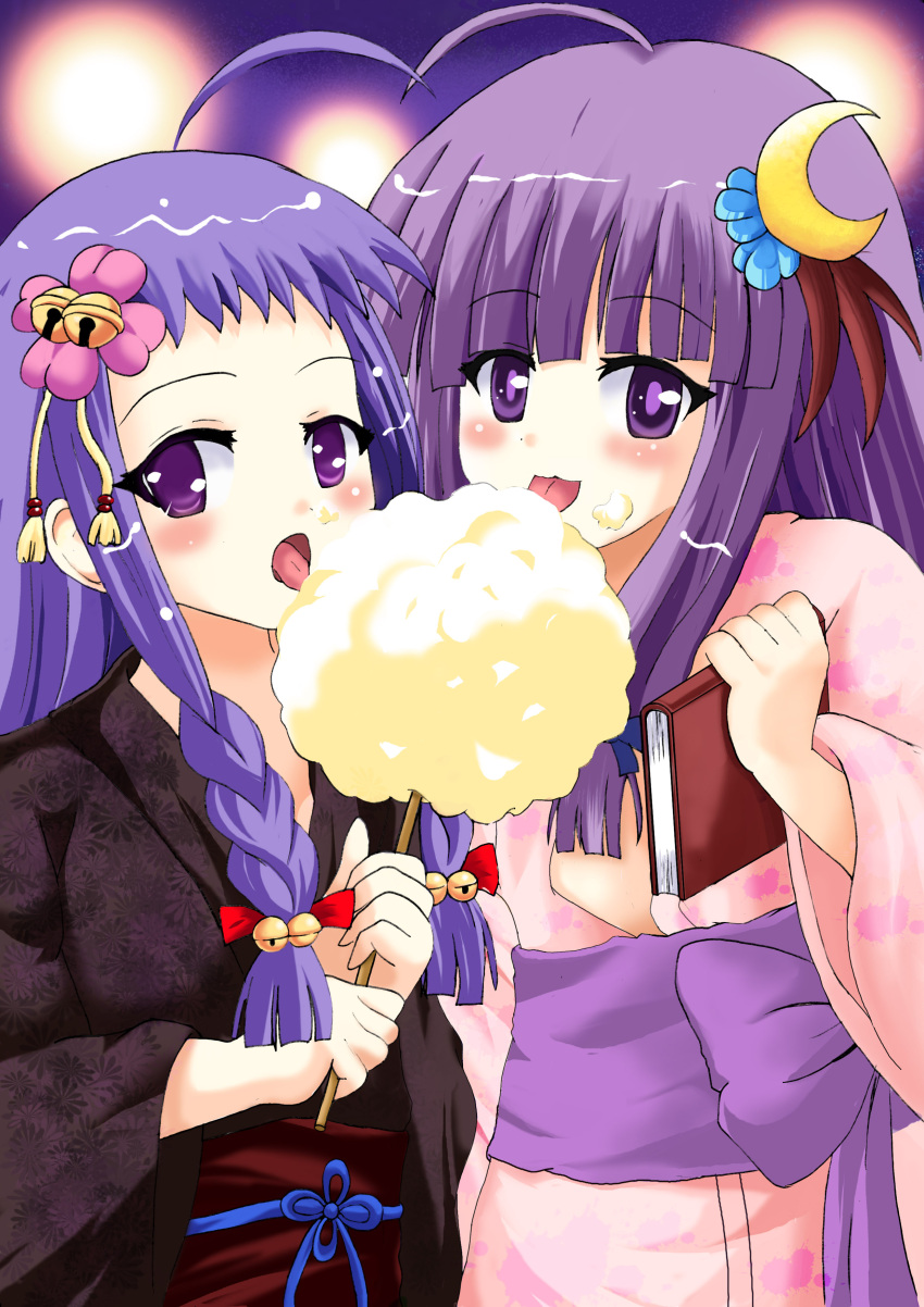 absurdres ayase_yue book cotton_candy crescent crescent_moon crossover highres japanese_clothes long_hair look-alike mahou_sensei_negima mahou_sensei_negima! multiple_girls patchouli_knowledge purple_eyes purple_hair touhou violet_eyes wrt