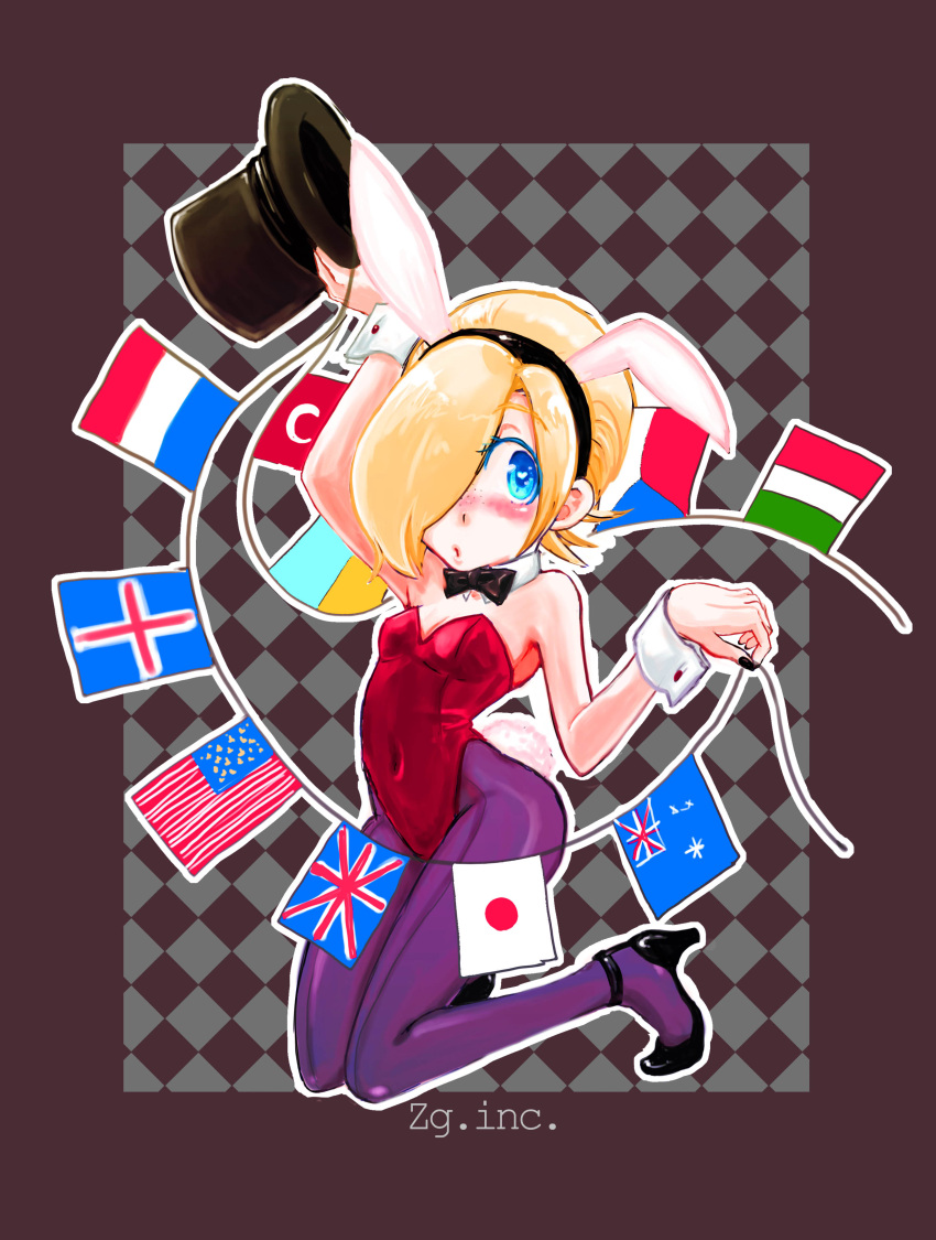 america animal_ears ash_crimson australia blonde_hair blue_eyes bunny_ears bunnysuit czech_republic flag france genderswap hair_over_one_eye hat highres iceland italy japan king_of_fighters pantyhose purple_pantyhose rabbit_ears shinomiya_masamune short_hair top_hat trap turkey_(country) ukraine union_jack united_kingdom