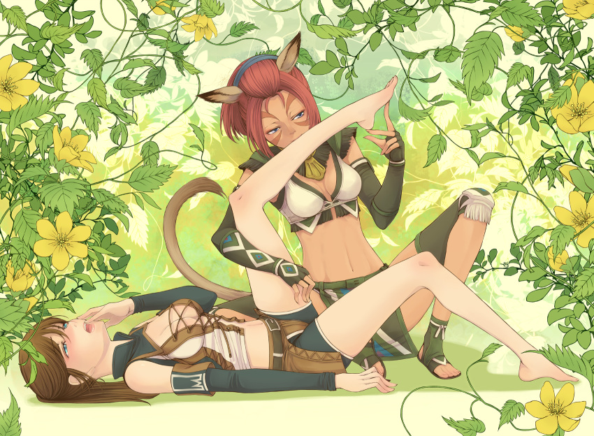 animal_ears barefoot blue_eyes breasts cat_ears cat_tail cleavage final_fantasy final_fantasy_xi flower foot_tickling highres hume legs lips midriff mithra multiple_girls navel red_hair short_hair tail takatsuki_kahiro tickling yuri