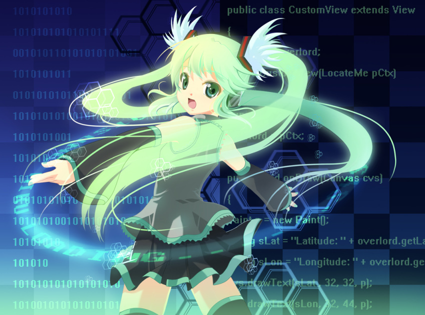 hatsune_miku long_hair open_mouth solo thigh-highs twintails vocaloid