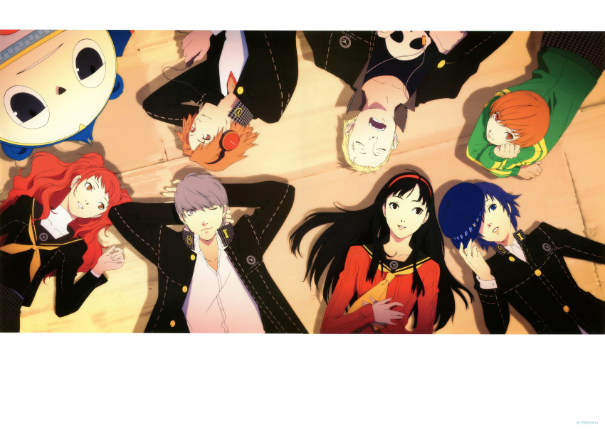 amagi_yukiko artbook black_hair blonde_hair blue_eyes blue_hair brown_eyes brown_hair cabbie_hat grey_hair hairband hanamura_yousuke hat headphones highres kujikawa_rise kuma_(persona_4) long_hair narukami_yuu official_art persona persona_4 satonaka_chie scan school_uniform serafuku seta_souji shirogane_naoto short_hair soejima_shigenori tatsumi_kanji twintails