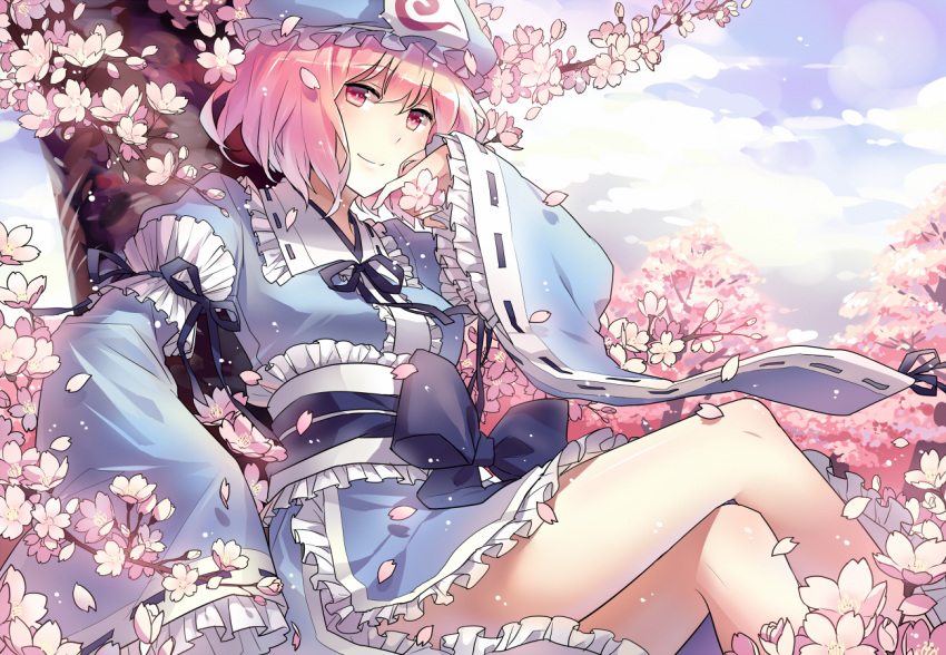 blush body_blush cherry_blossoms crossed_legs frills hands hat in_tree japanese_clothes legs looking_at_viewer nature petals pink pink_eyes pink_hair rella saigyouji_yuyuko short_hair sitting sitting_in_tree smile solo thighs touhou tree