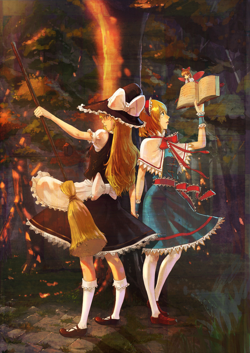 alice_margatroid blonde_hair blue_eyes book braid capelet doll forest hairband hat highres jeanex kirisame_marisa long_hair multiple_girls nature pantyhose short_hair touhou witch_hat yellow_eyes