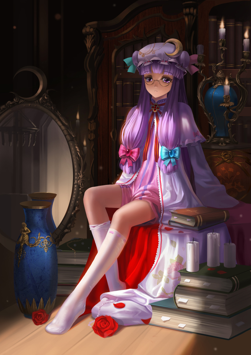 1girl bespectacled book candle crescent crescent_moon glasses hat highres legs library long_hair mirror patchouli_knowledge purple_eyes purple_hair saber_01 sitting socks solo touhou vase violet_eyes voile