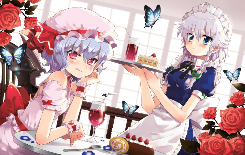 ahoge arm_support bare_shoulders bat_wings blue_eyes bow braid butterfly cake chair chiba_sadoru drink dutch_angle flower food fork glass hair_bow hat highres izayoi_sakuya lavender_hair licking_lips maid maid_headdress red_eyes red_rose remilia_scarlet rose short_hair silver_hair sitting slit_pupils solo straw table tongue touhou tray twin_braids wings wrist_cuffs
