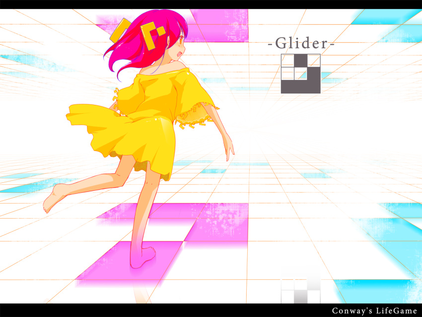bare_shoulders barefoot conway's_game_of_life conway's_game_of_life dress hair_ornament kukumu math original personification pink_hair solo standing_on_one_leg yellow_dress