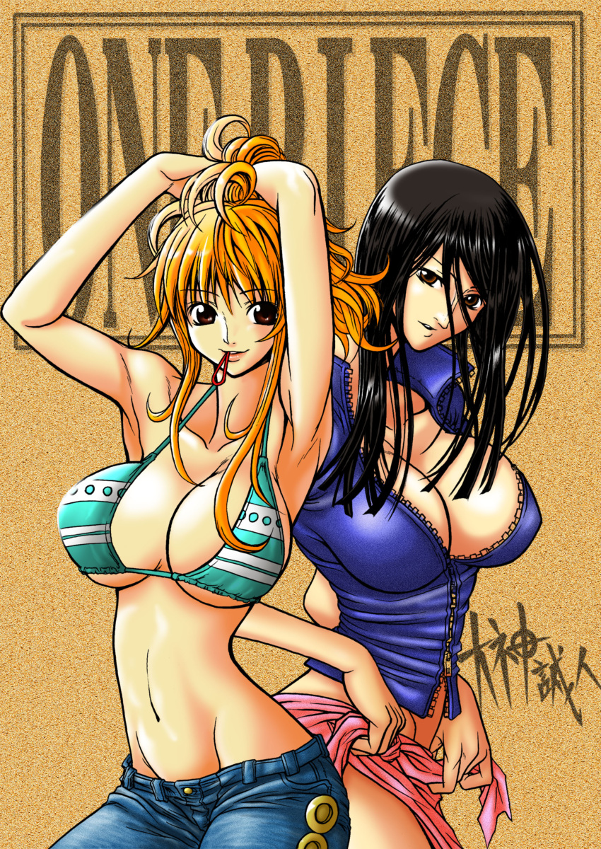 absurdres armpits arms_up bikini_top breasts cleavage highres jeans large_breasts long_hair mound_of_venus mouth_hold multiple_girls nami nico_robin ohgami_makoto one_piece oogami_makoto_(artist) orange_hair sarong title_drop unzipped