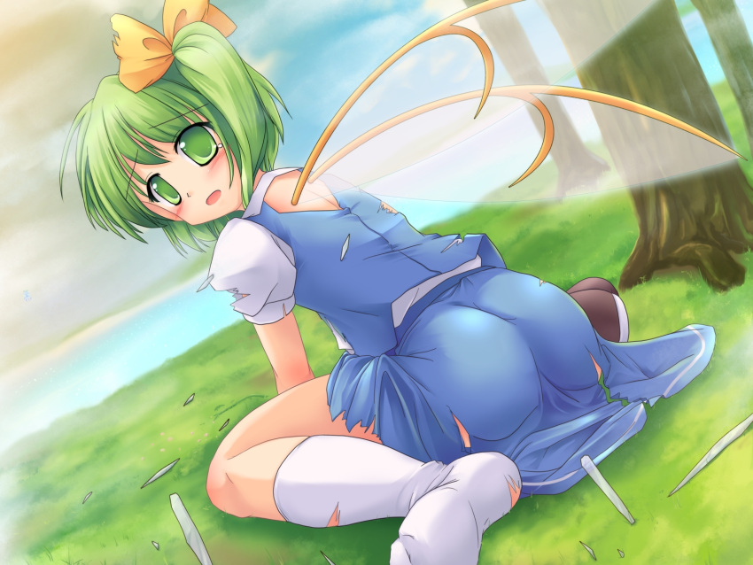 cirno daiyousei green_eyes green_hair highres ice lzh short_hair side_ponytail sitting solo tears torn_clothes touhou wallpaper wariza when_you_see_it wings