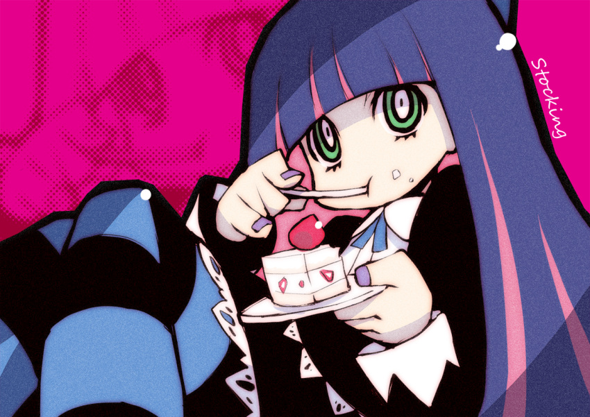 blue_hair cake eating food long_hair official_style panty_&amp;_stocking_with_garterbelt solo stocking_(character) stocking_(psg) striped striped_legwear striped_thighhighs thigh-highs thighhighs zankuro