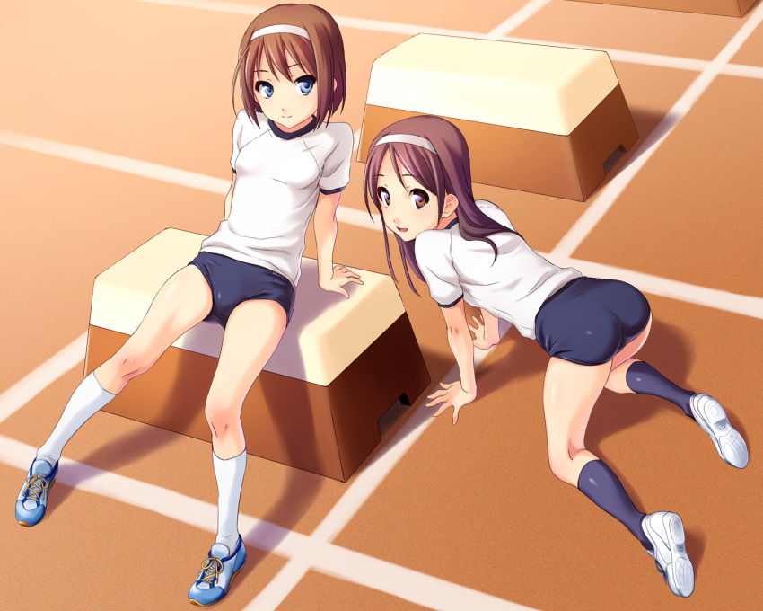 all_fours arm_support ass blue_eyes brown_eyes brown_hair buruma gym_uniform hairband highres kneehighs legs long_hair multiple_girls norizou_type-r shadow shoes short_hair sitting smile sneakers socks t-shirt vaulting_horse white_legwear white_socks