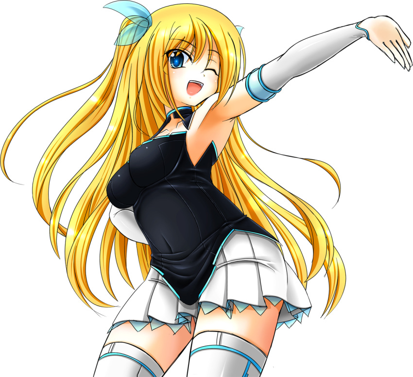 armpits blonde_hair blue_eyes breasts detached_sleeves dress hair_ribbon hand_on_hip large_breasts long_hair microsoft os pleated_skirt ribbon silverlight skirt smile solo takano_kazumi thigh-highs thighhighs wink zettai_ryouiki
