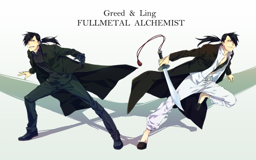 dual_persona fullmetal_alchemist greed hair_over_one_eye lightning_(pixiv) ling_yao male ponytail red_eyes sword wallpaper weapon