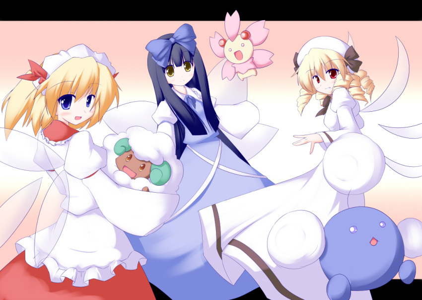 3girls blonde_hair blue_eyes cherrim crossover frills hat jumpluff long_hair luna_child miyo_(miyomiyo01) multiple_girls pokemon pokemon_(creature) red_eyes ribbon short_hair star_sapphire sunny_milk touhou twintails whimsicott wings