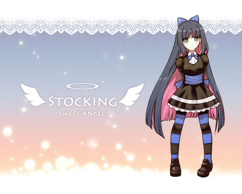 acea4 arms_behind_back bow green_eyes hair_bow long_hair looking_at_viewer multicolored_hair panty_&amp;_stocking_with_garterbelt smile solo stocking stocking_(psg) striped striped_legwear two-tone_hair very_long_hair