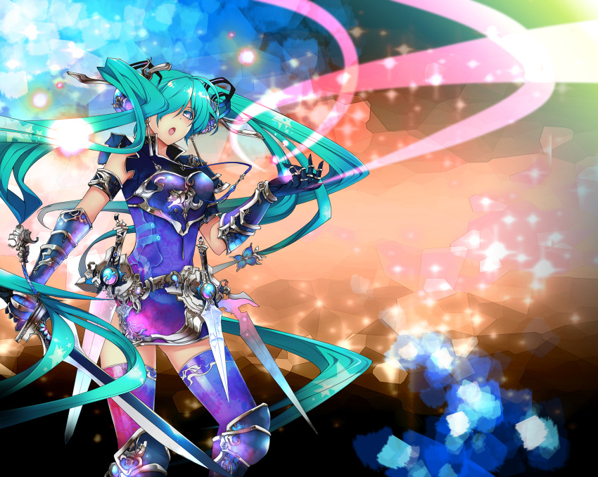 1girl aqua_hair armband armor bad_id blue_eyes earrings ene0 gauntlets greaves hair_over_one_eye hatsune_miku highres jewelry long_hair open_mouth skirt solo sword thighhighs twintails very_long_hair vocaloid weapon
