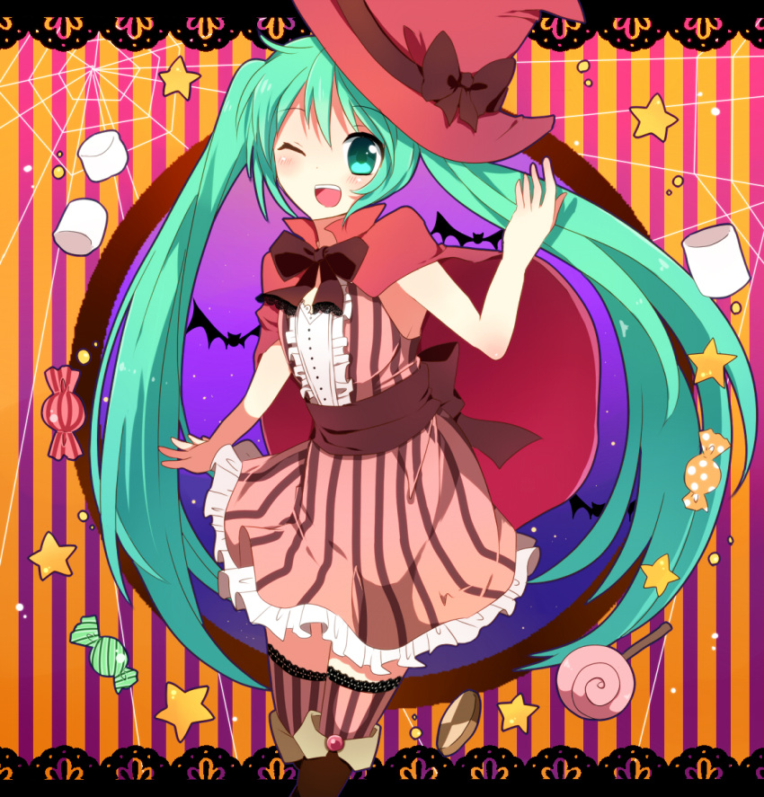 aqua_eyes aqua_hair boots bow capelet dress halloween hat_ribbon hatsune_miku highres lace night_sky skirt spider_web star stripes sweets thigh_highs twintails very_long_hair vocaloid wink witch_hat