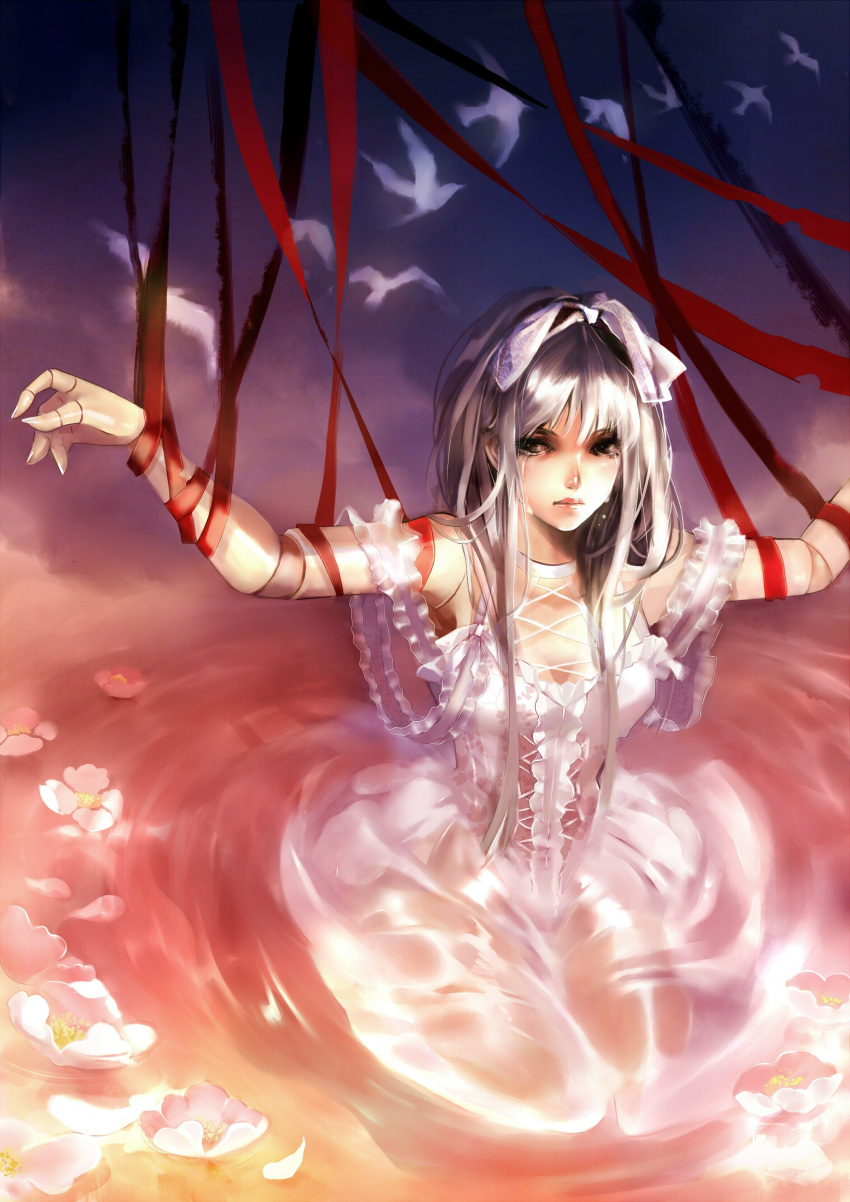 absurdres bare_shoulders bird doll_joints dress flower gothic highres kneeling liu_shuang_fei original outstretched_arms puppet silver_hair solo tears tied water white_dress