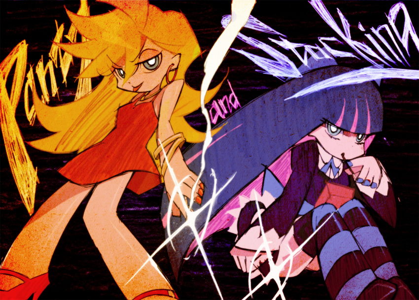 :p blonde_hair blue_eyes blue_hair dress earrings highres jewelry kitano_yuusuke long_hair multiple_girls official_style panty_&amp;_stocking_with_garterbelt panty_(character) panty_(psg) povky stocking_(character) stocking_(psg) striped striped_legwear striped_thighhighs thigh-highs thighhighs tongue